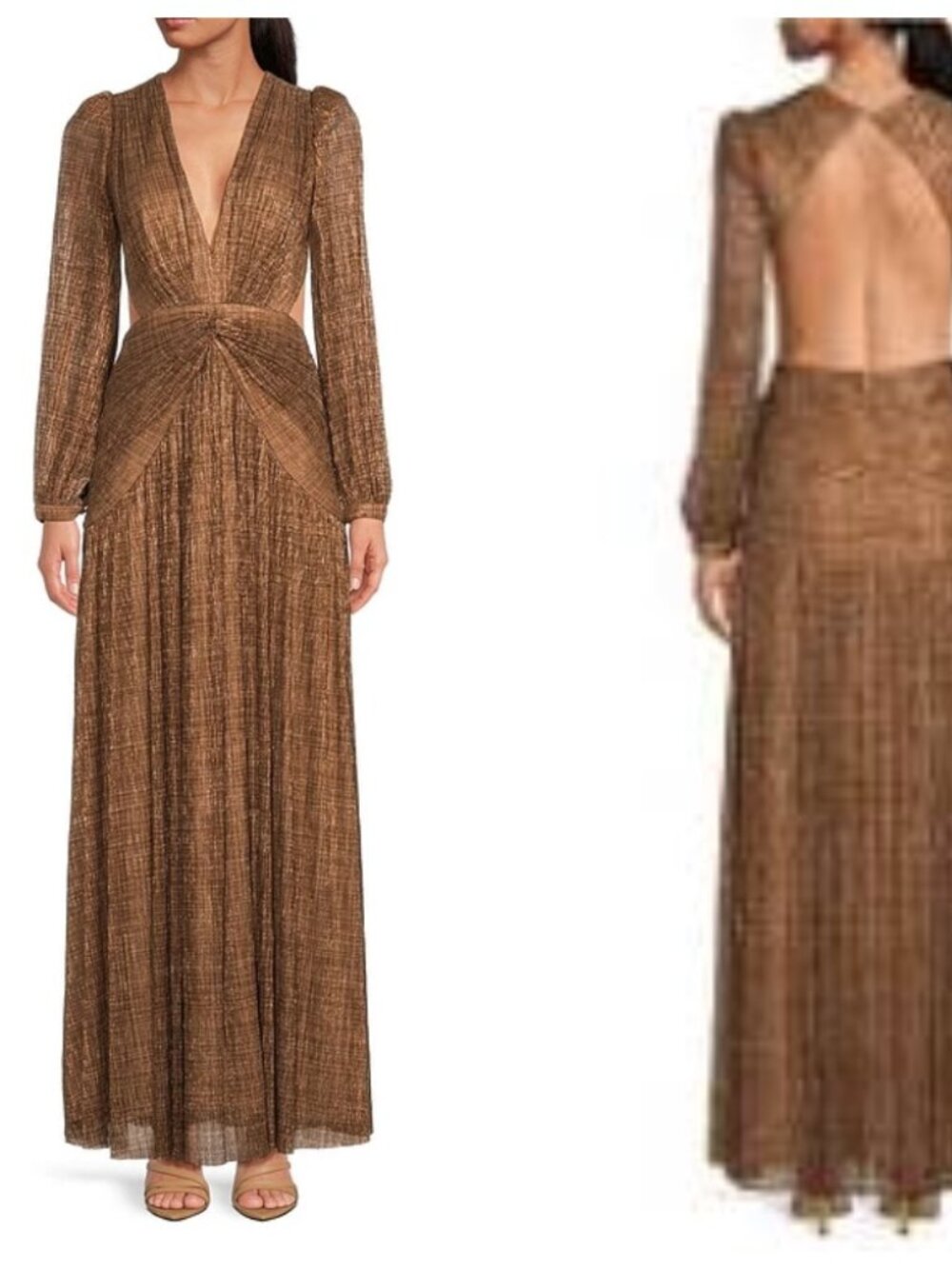 Gianni Bini Bronze Metallic Open Back Maxi Dress Long Sleeve Rhinestone Button 4